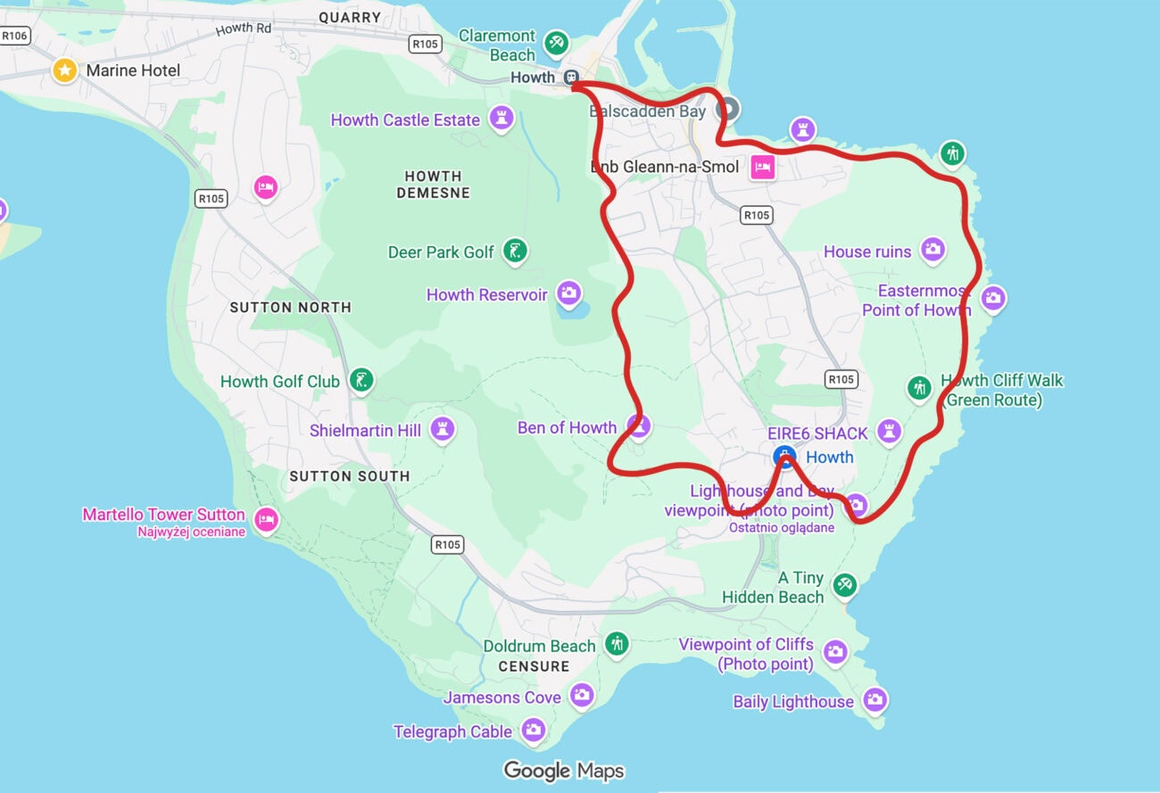 Szlak Black Linn Loop w Howth w Irlandii naniesiony na mapę