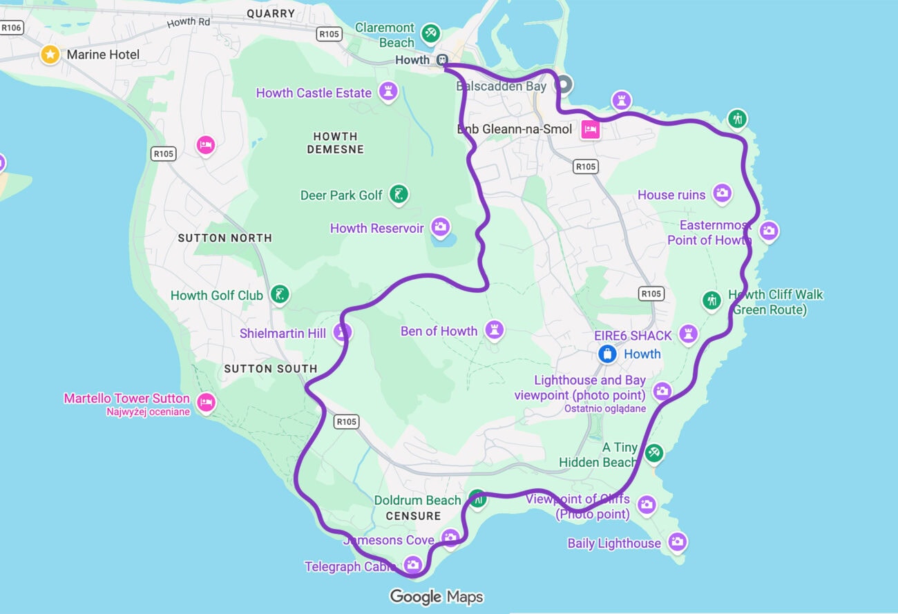 Szlak Bog of Frogs Loop w Howth w Irlandii naniesiony na mapę