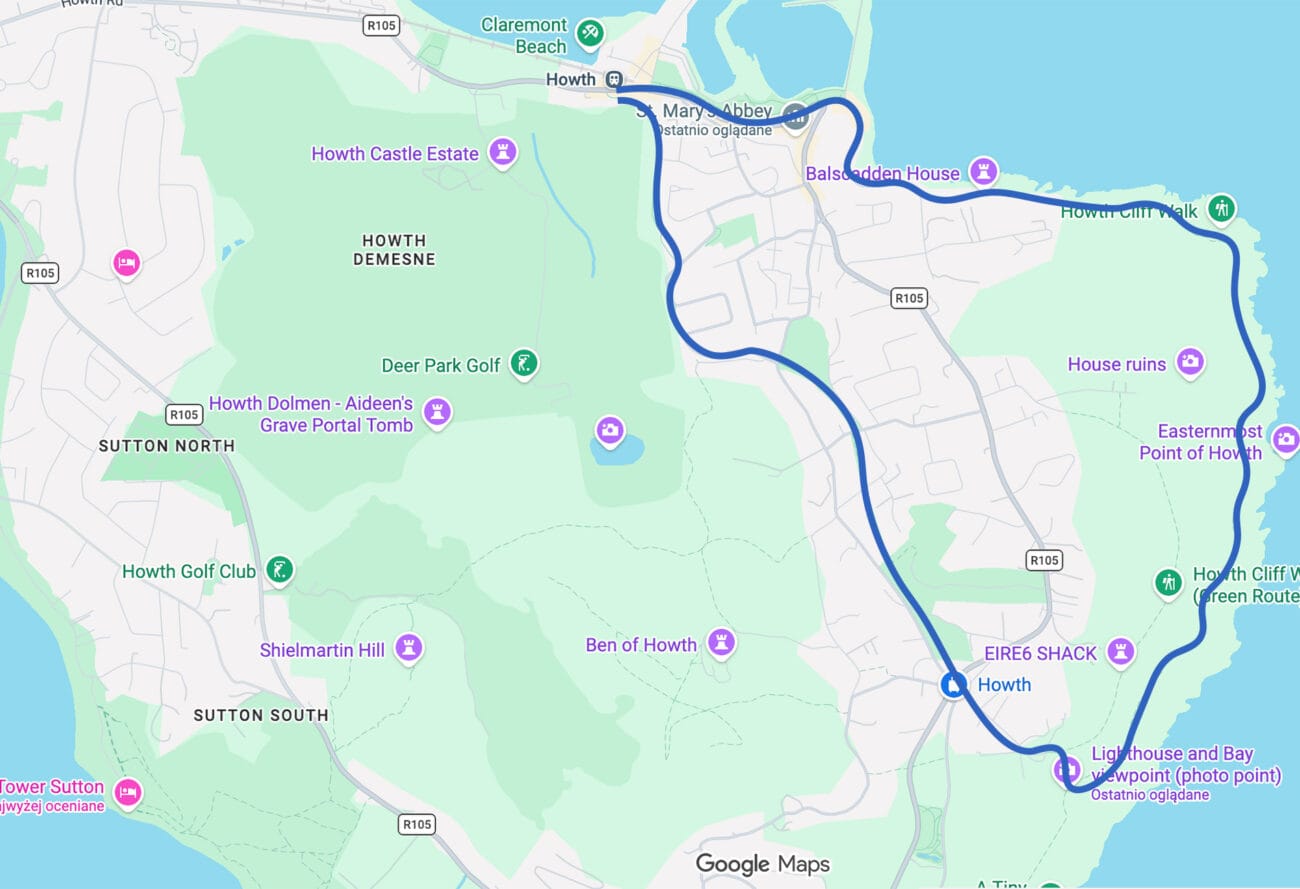 Szlak Trimline Loop w Howth naniesiony na mapę