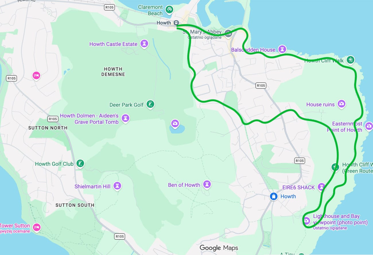 Szlak Cliff Path Loop w Howth naniesiony na mapę